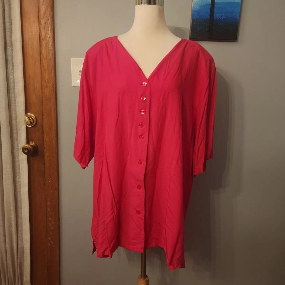 Carolina Colours Pink Short Sleeve V-Neck Button Front Slit Side Top Rayon 26W